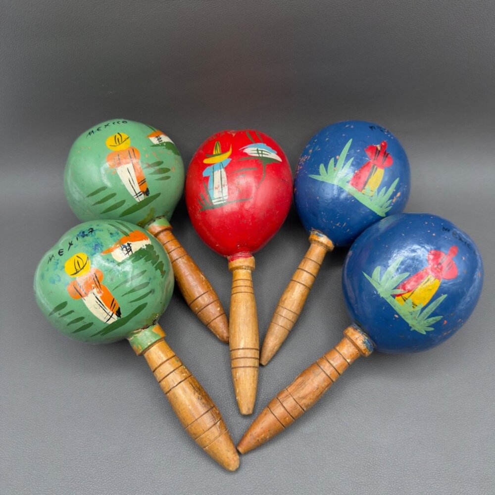Vintage Hand-Painted Mexican Maracas With Wooden Handles Folk Art 7" Set Of 5